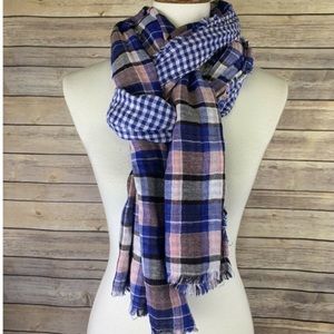 American Colors by Alex Lehr pink white blue plaid scarf wrap fray lining NWT
